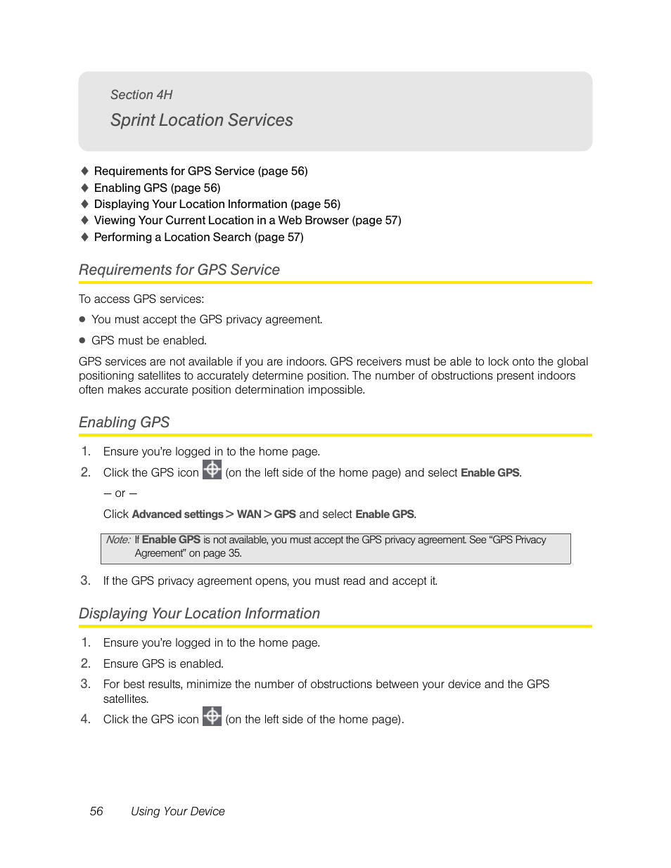 Sprint location services, Requirements for gps service, Enabling gps | Displaying your location information, 4h. sprint location services | Sierra Wireless Overdrive User Manual | Page 64 / 172