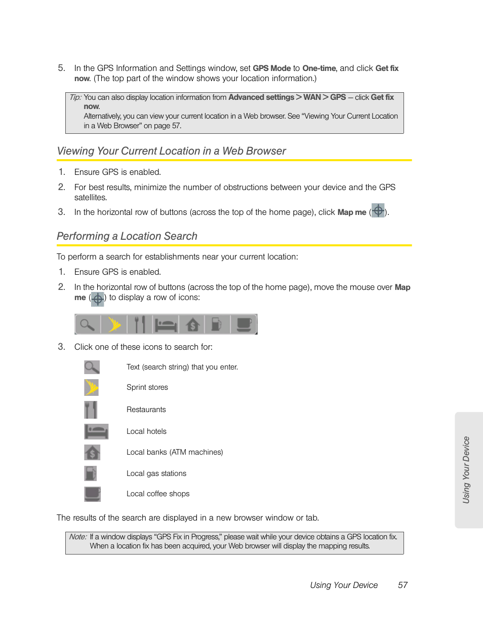 Viewing your current location in a web browser, Performing a location search | Sierra Wireless Overdrive User Manual | Page 65 / 172