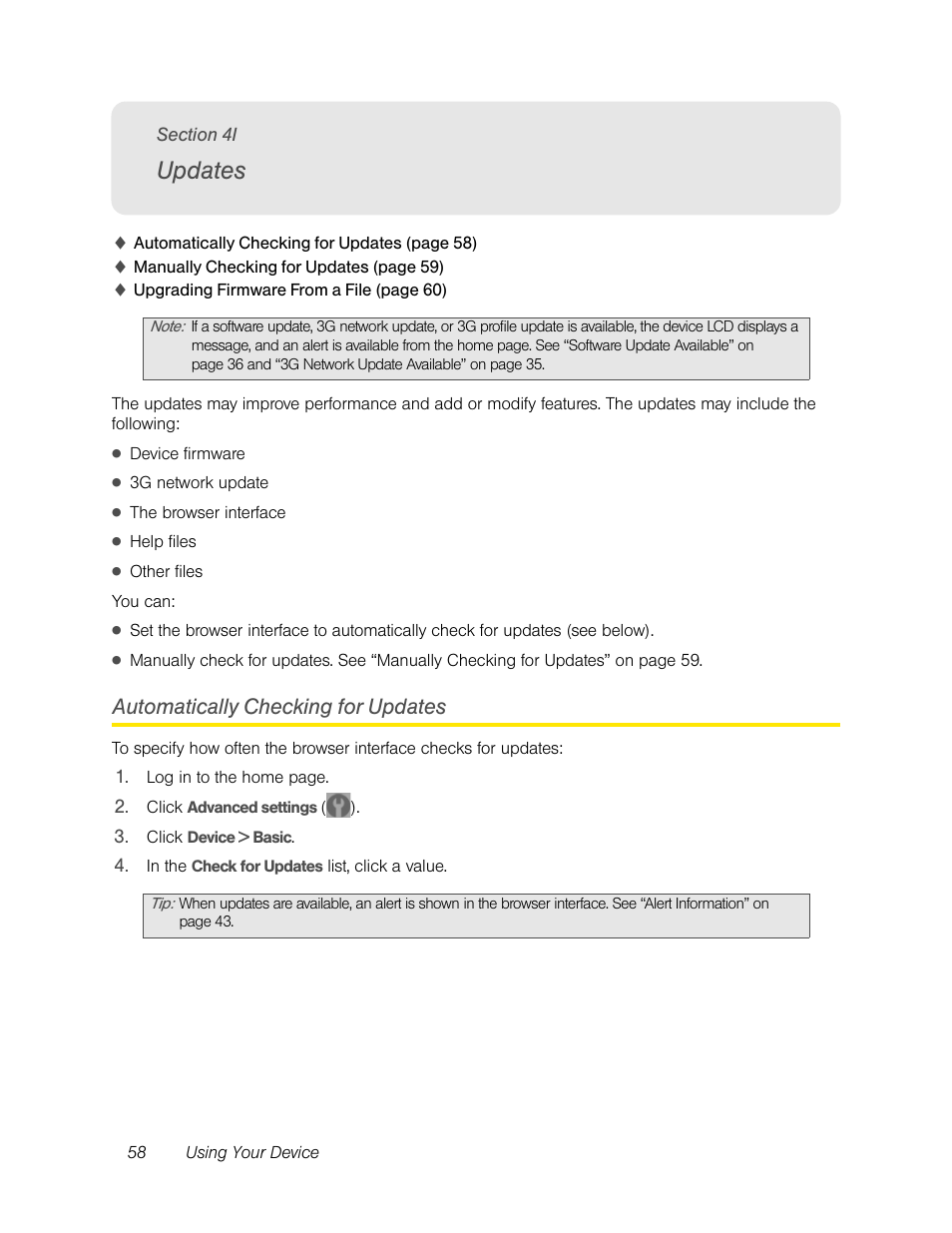 Updates, Automatically checking for updates | Sierra Wireless Overdrive User Manual | Page 66 / 172