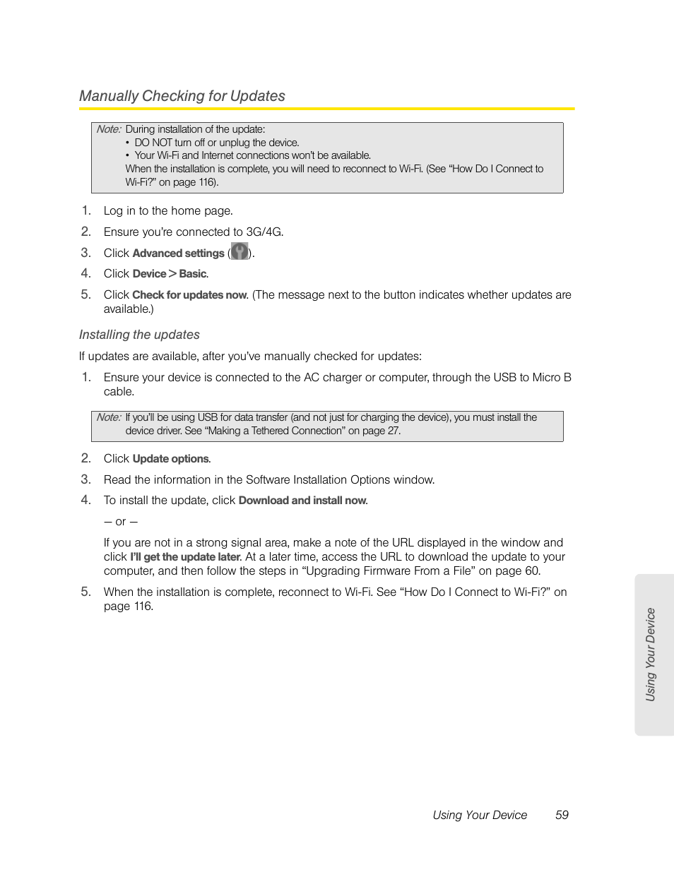 Manually checking for updates, Installing the updates | Sierra Wireless Overdrive User Manual | Page 67 / 172