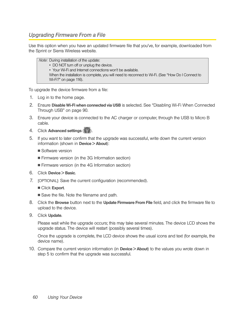 Upgrading firmware from a file | Sierra Wireless Overdrive User Manual | Page 68 / 172