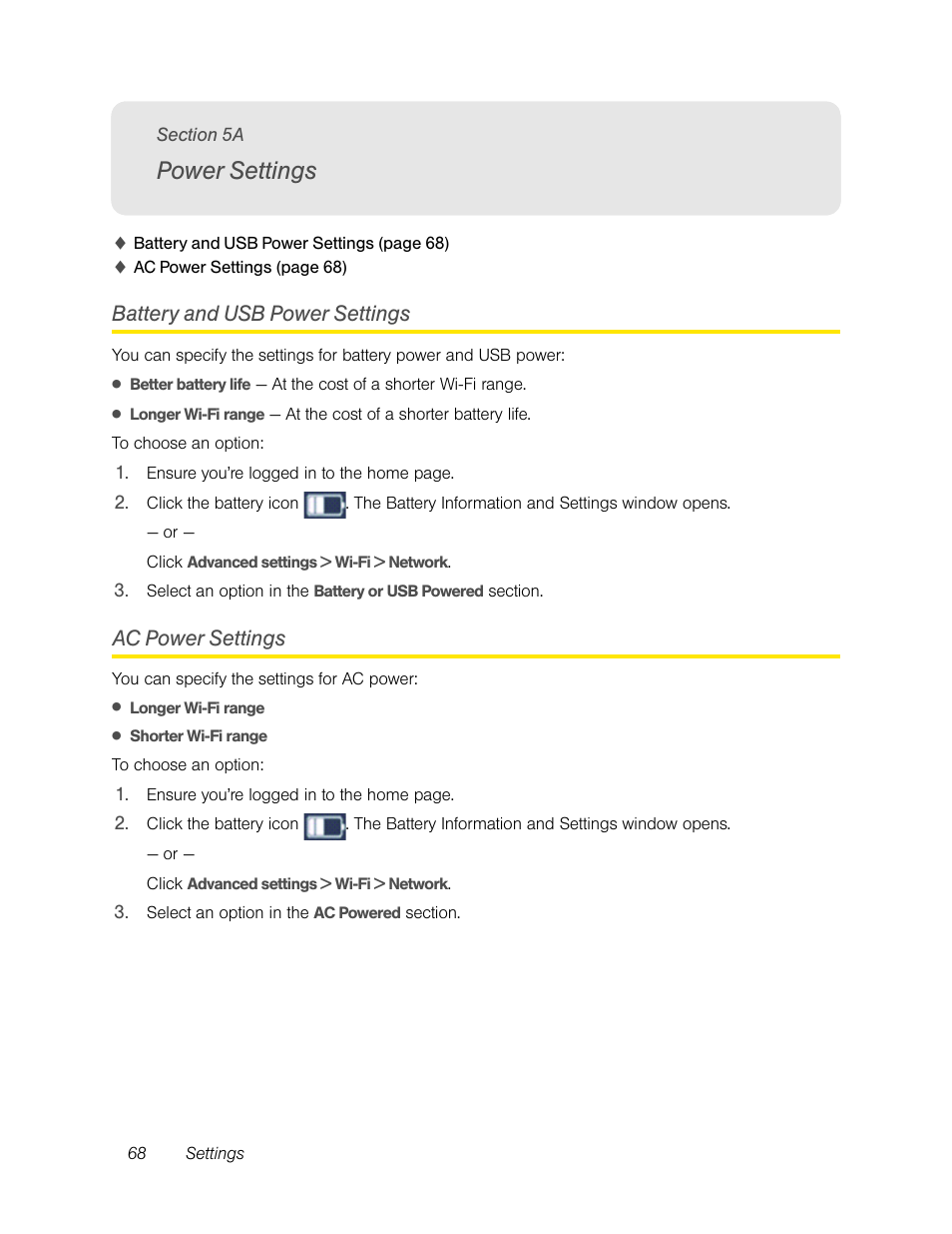 Power settings, Battery and usb power settings, Ac power settings | 5a. power settings, Battery and usb power settings ac power settings | Sierra Wireless Overdrive User Manual | Page 76 / 172