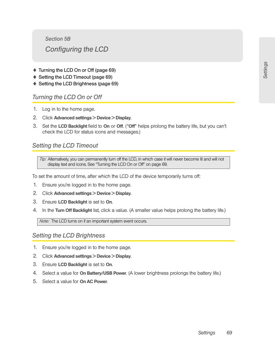 Configuring the lcd, Turning the lcd on or off, Setting the lcd timeout | Setting the lcd brightness, 5b. configuring the lcd | Sierra Wireless Overdrive User Manual | Page 77 / 172