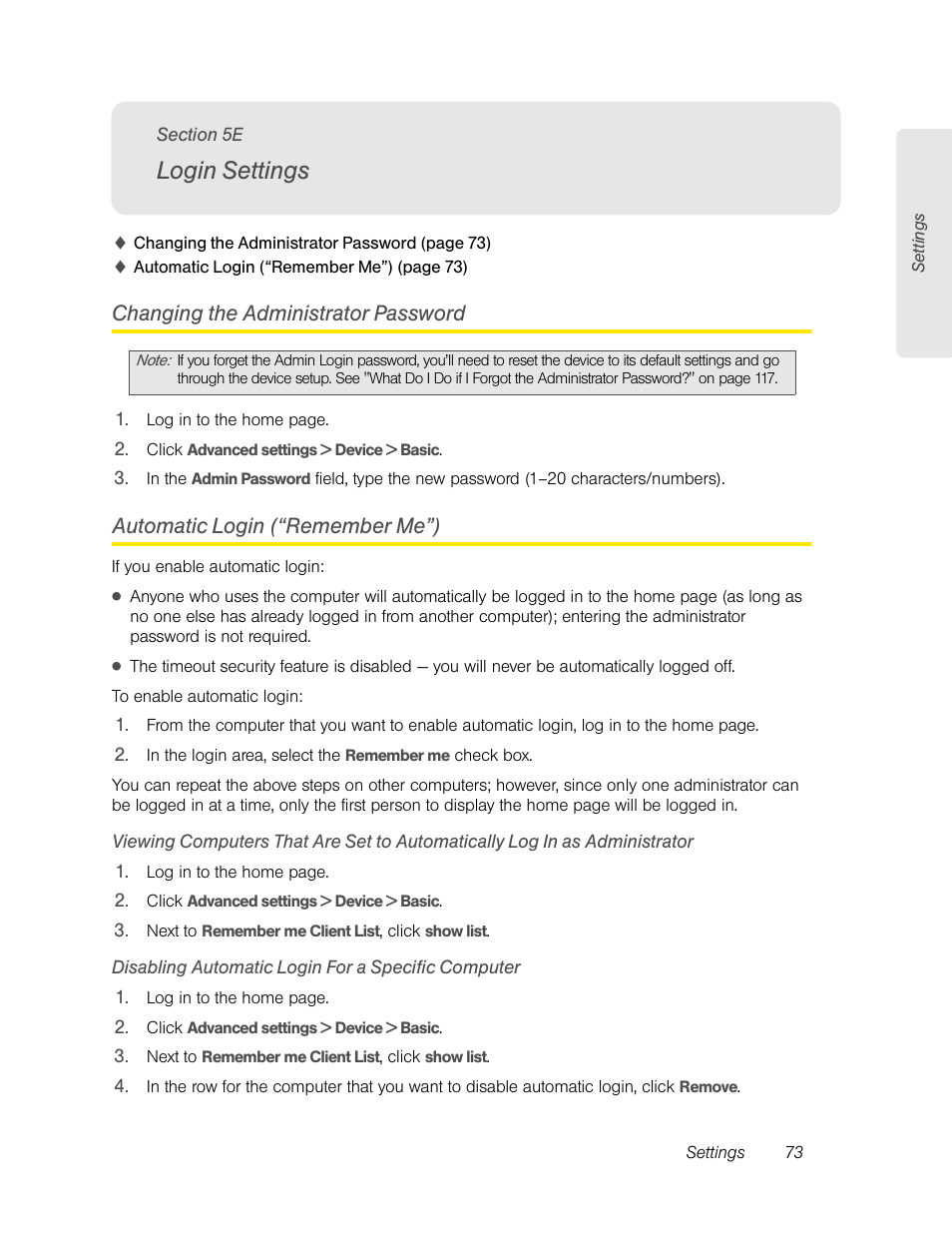 Login settings, Changing the administrator password, Automatic login (“remember me”) | Disabling automatic login for a specific computer, Automatic login | Sierra Wireless Overdrive User Manual | Page 81 / 172