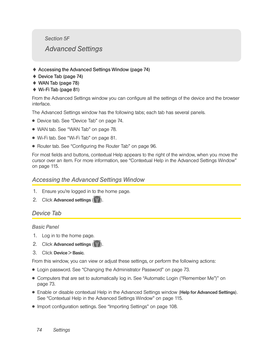 Advanced settings, Accessing the advanced settings window, Device tab | Basic panel, Accessing the advanced settings window device tab | Sierra Wireless Overdrive User Manual | Page 82 / 172