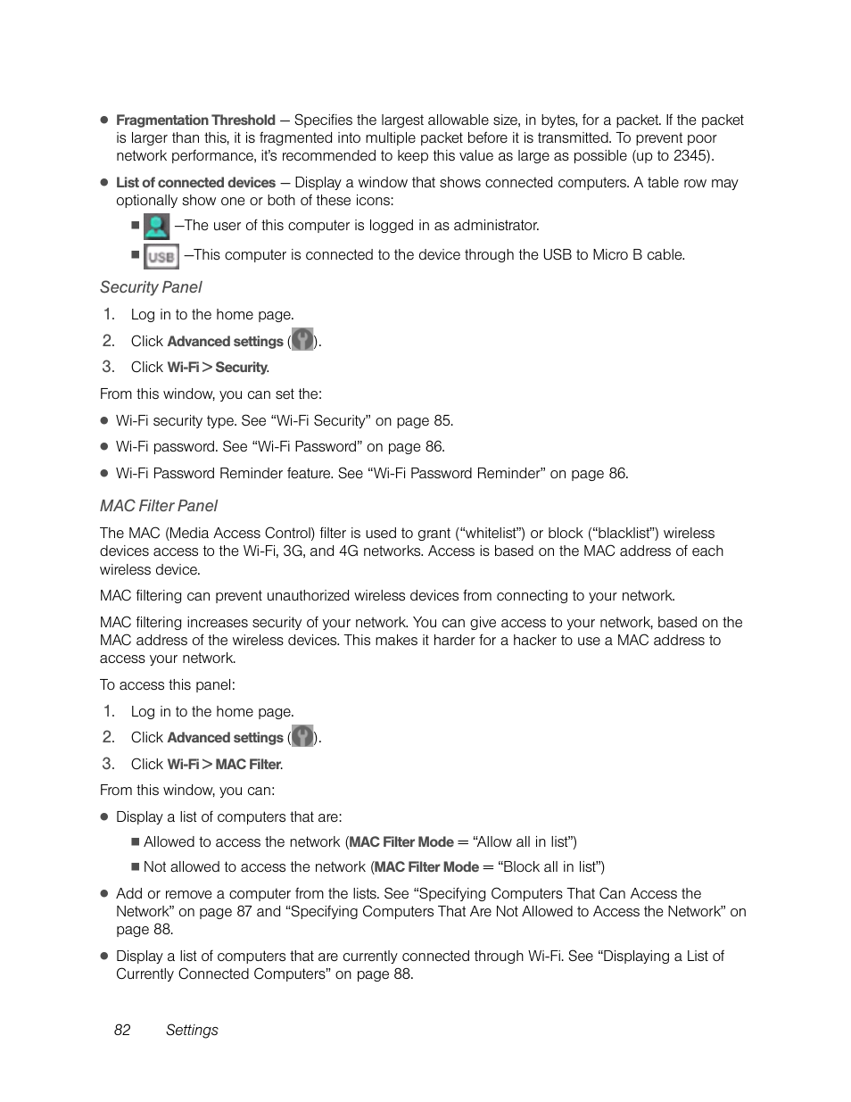 Security panel, Mac filter panel | Sierra Wireless Overdrive User Manual | Page 90 / 172