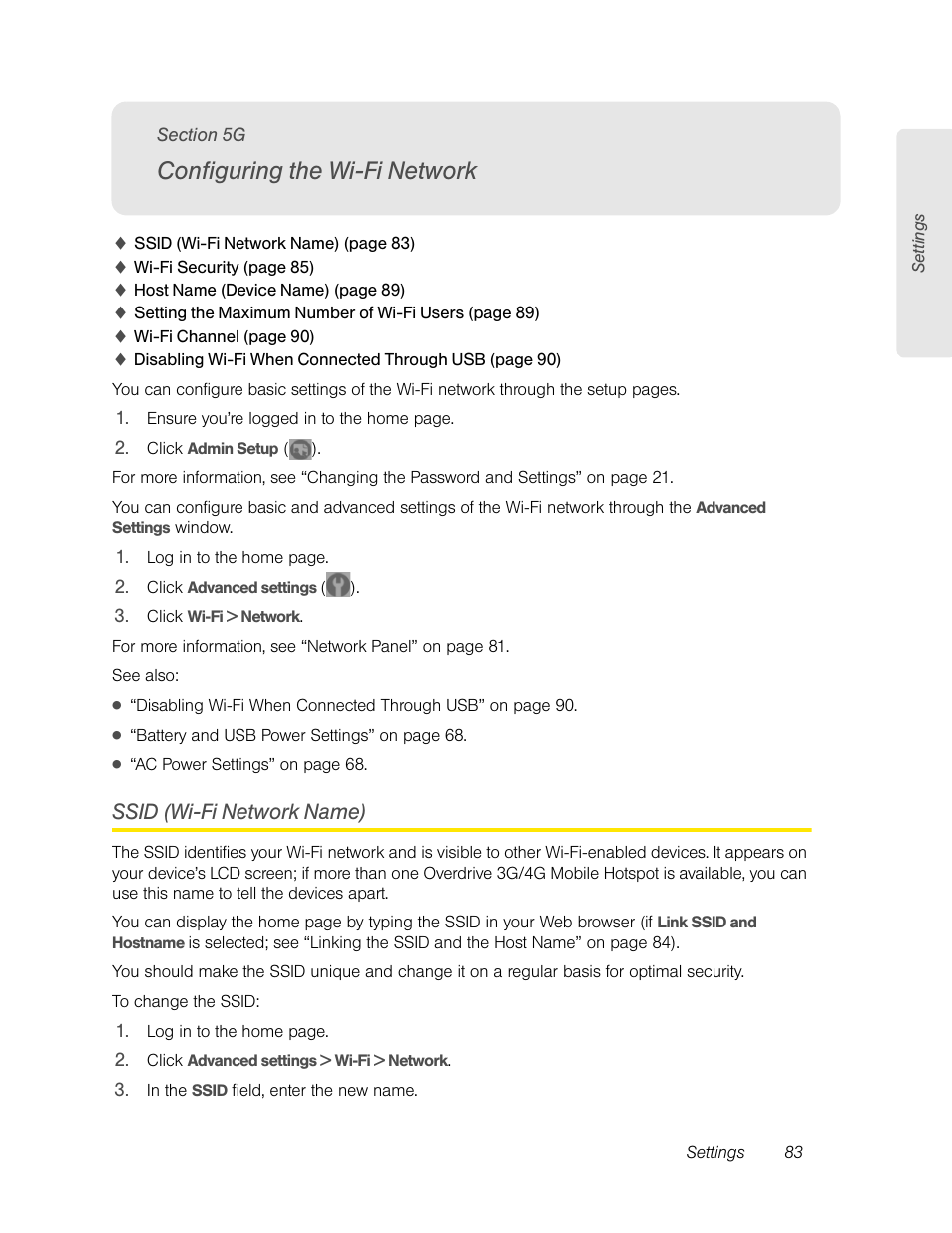 Configuring the wi-fi network, Ssid (wi-fi network name), 5g. configuring the wi-fi network | Ssid (w | Sierra Wireless Overdrive User Manual | Page 91 / 172