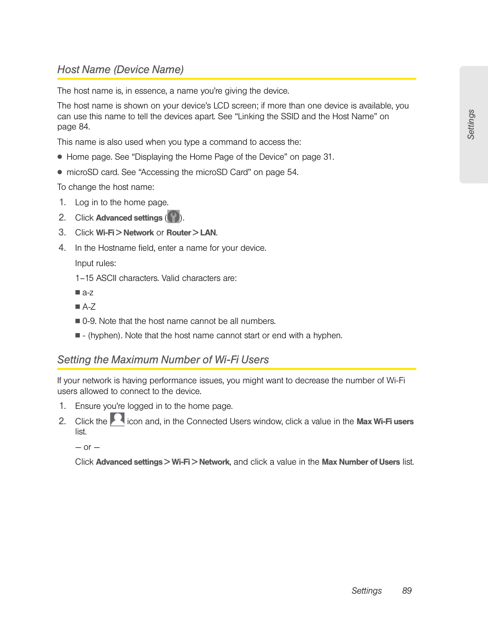 Host name (device name), Setting the maximum number of wi-fi users | Sierra Wireless Overdrive User Manual | Page 97 / 172