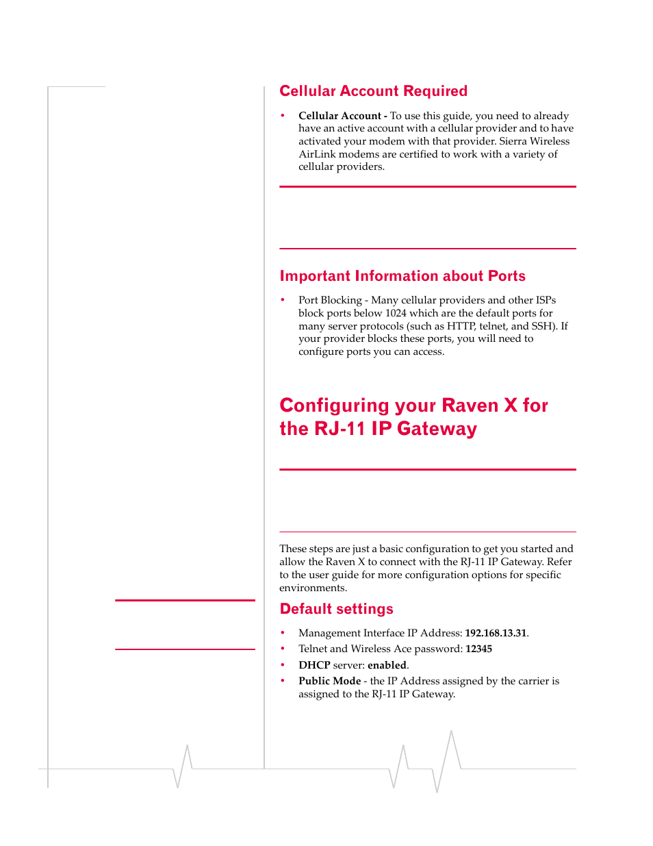 Cellular account required, Important information about ports, Configuring your raven x for the rj-11 ip gateway | Default settings | Sierra Wireless RJ-11 User Manual | Page 11 / 60