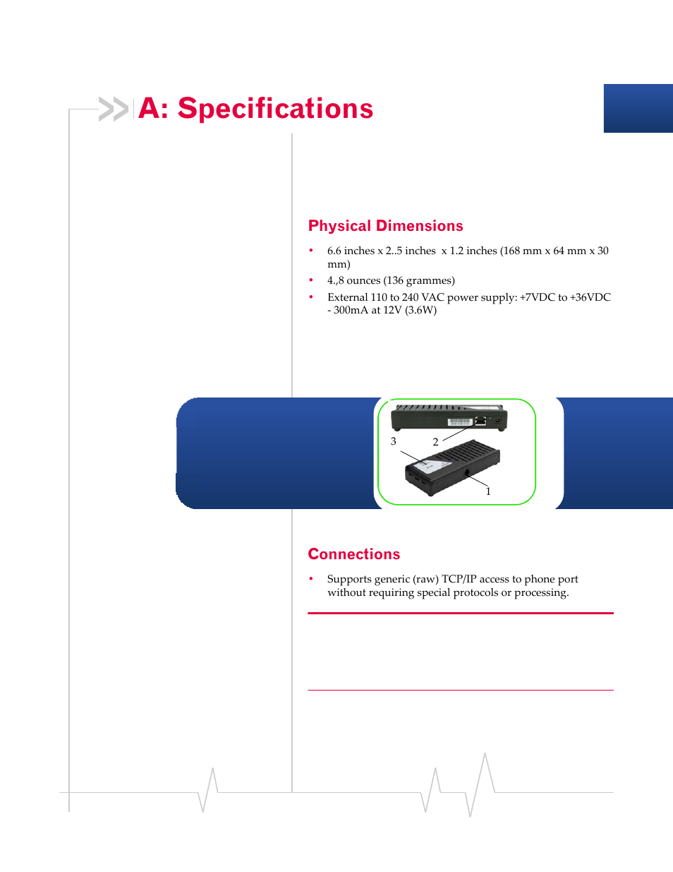 A: specifications, Physical dimensions, Connections | Specifications | Sierra Wireless RJ-11 User Manual | Page 24 / 60