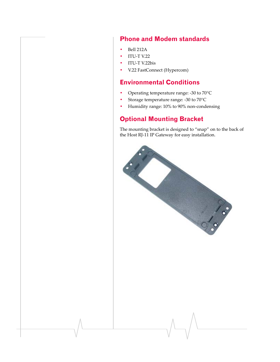 Phone and modem standards, Environmental conditions, Optional mounting bracket | Phone and modem, Standards, Environmental, Conditions, Optional mounting, Bracket | Sierra Wireless RJ-11 User Manual | Page 25 / 60