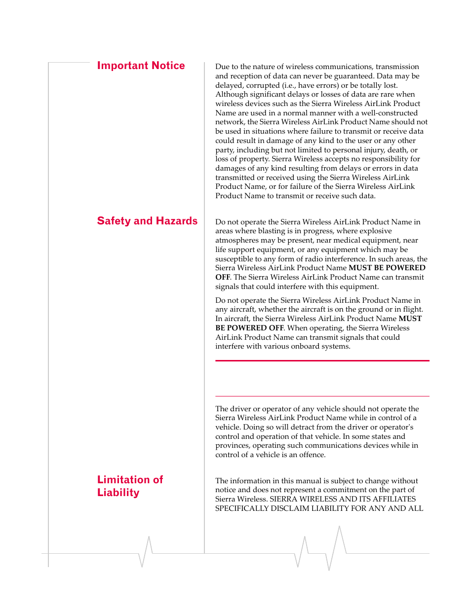 Important notice, Safety and hazards, Limitation of liability | Sierra Wireless RJ-11 User Manual | Page 3 / 60