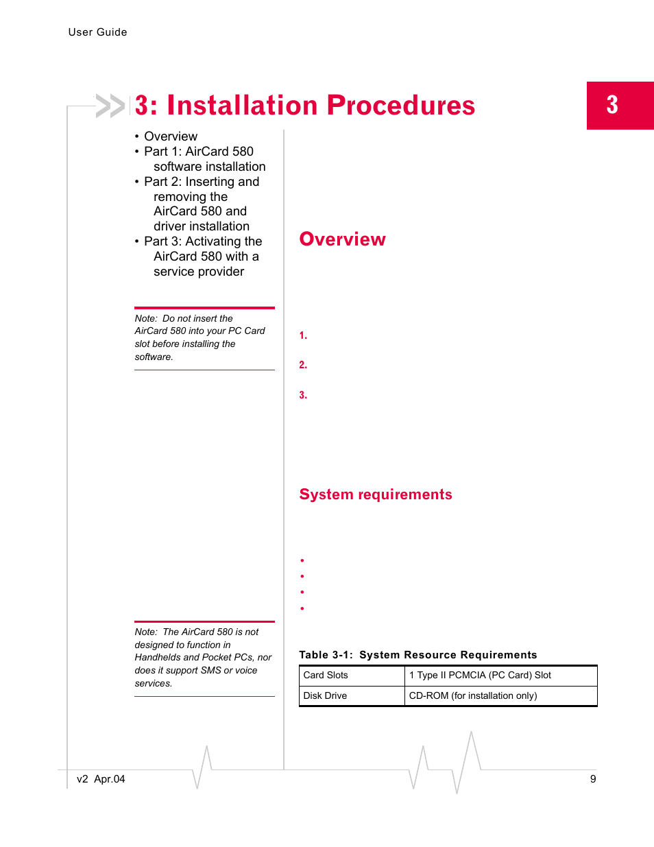 Installation procedures, Overview, System requirements | Sierra Wireless AirCard 580 User Manual | Page 17 / 54