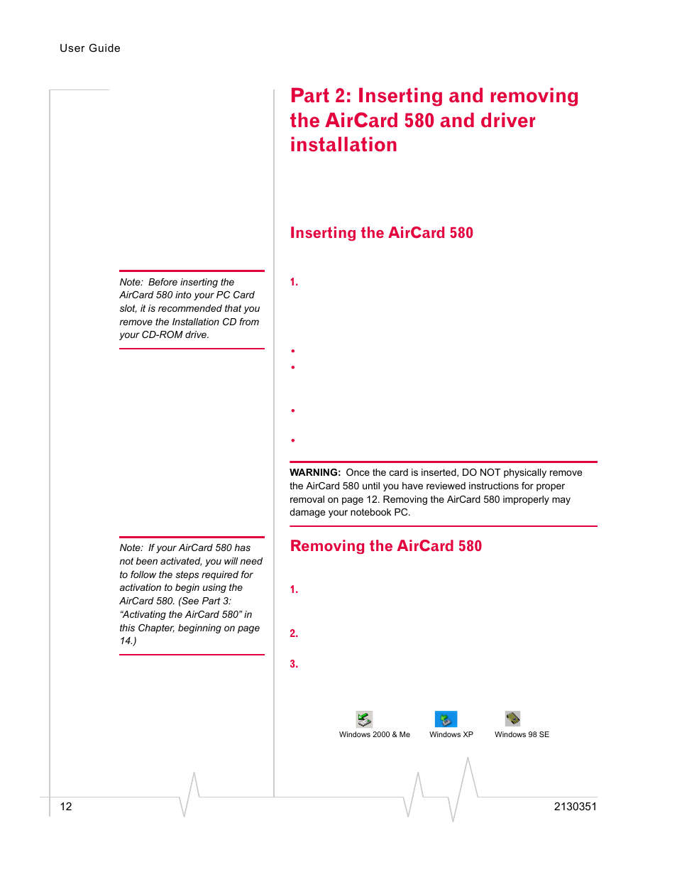 Inserting the aircard 580, Removing the aircard 580 | Sierra Wireless AirCard 580 User Manual | Page 20 / 54