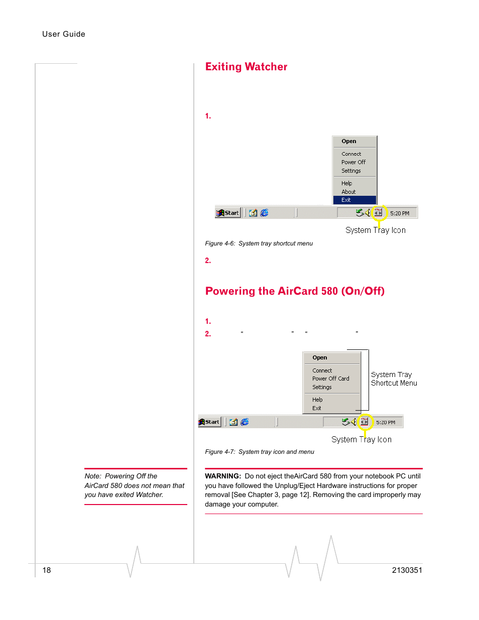 Exiting watcher, Powering the aircard 580 (on/off) | Sierra Wireless AirCard 580 User Manual | Page 26 / 54