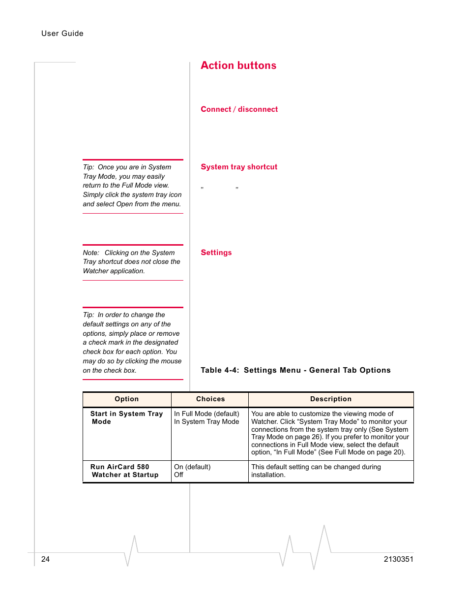 Action buttons, Connect / disconnect, System tray shortcut | Settings | Sierra Wireless AirCard 580 User Manual | Page 32 / 54