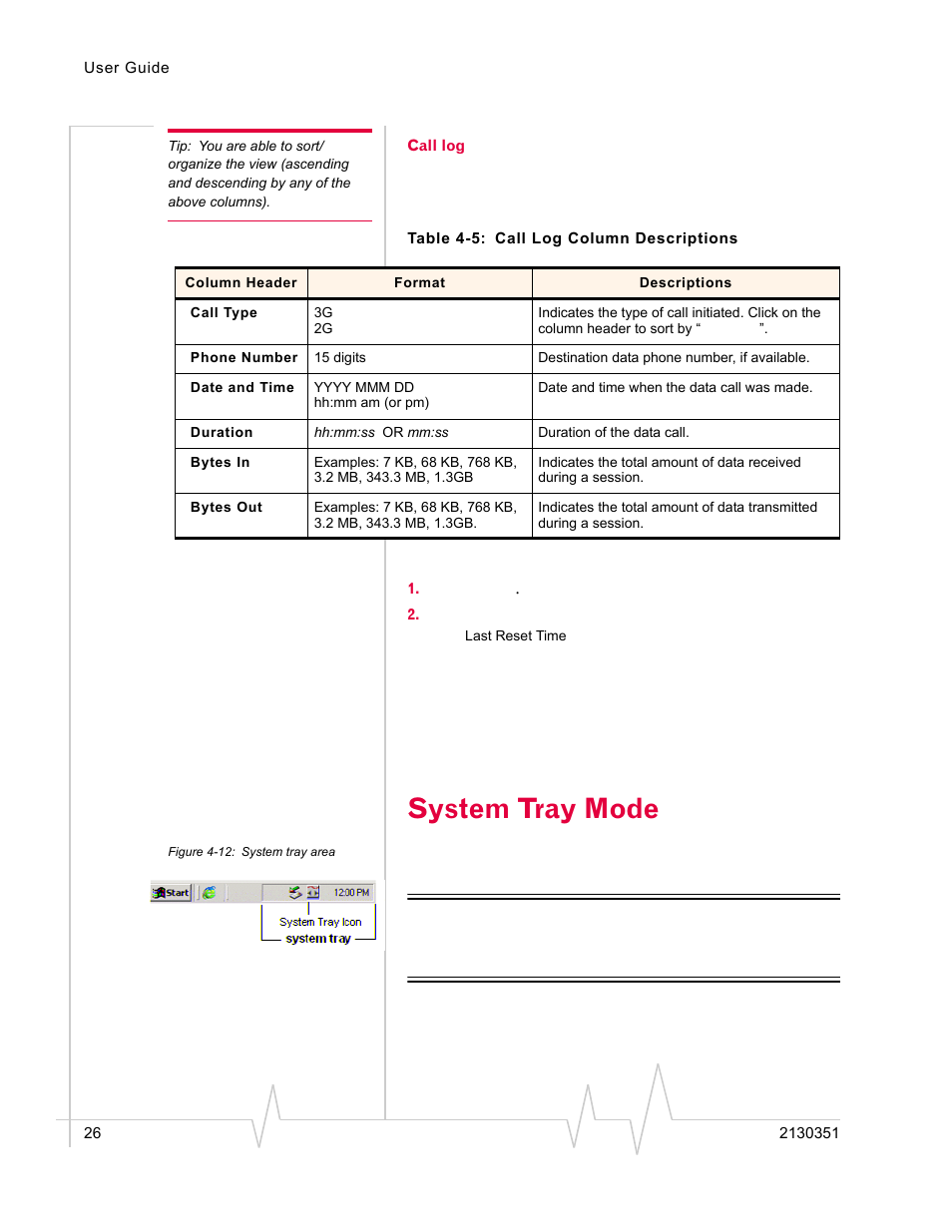 Call log, System tray mode, Figure 4-12: system tray area | Sierra Wireless AirCard 580 User Manual | Page 34 / 54