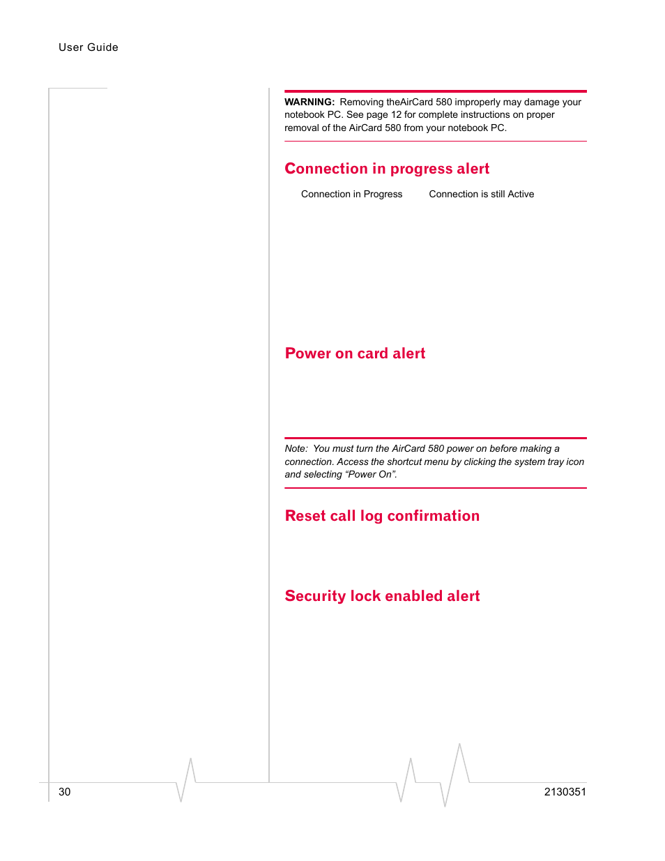 Connection in progress alert, Power on card alert, Reset call log confirmation | Security lock enabled alert | Sierra Wireless AirCard 580 User Manual | Page 38 / 54