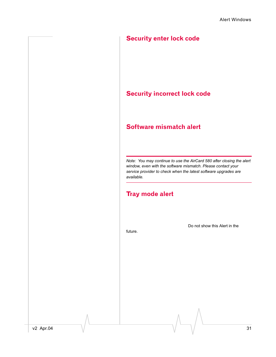 Security enter lock code, Security incorrect lock code, Software mismatch alert | Tray mode alert | Sierra Wireless AirCard 580 User Manual | Page 39 / 54