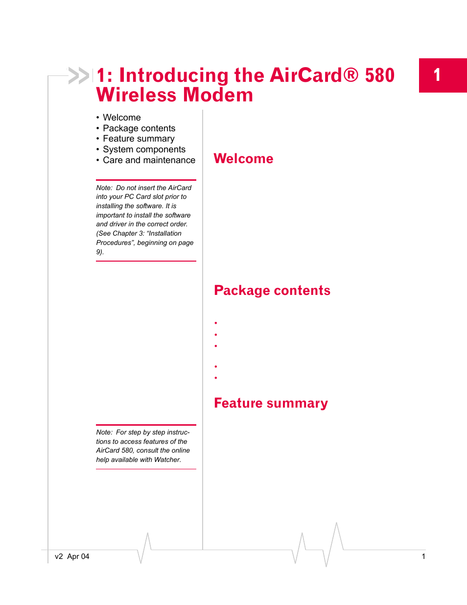 Introducing the aircard® 580 wireless modem, Welcome, Package contents | Feature summary | Sierra Wireless AirCard 580 User Manual | Page 9 / 54