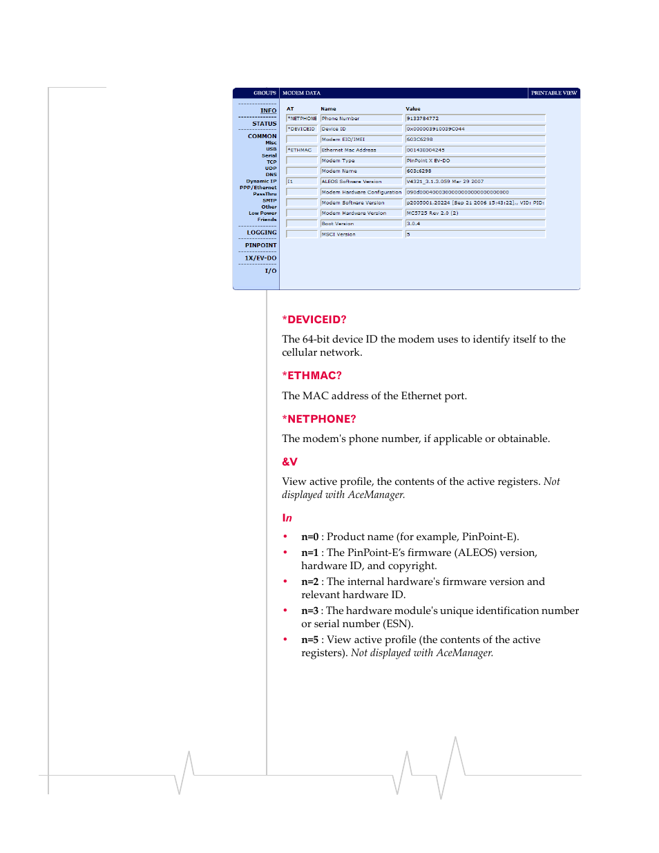Deviceid? *ethmac? *netphone? &v in | Sierra Wireless EV-DO User Manual | Page 118 / 182