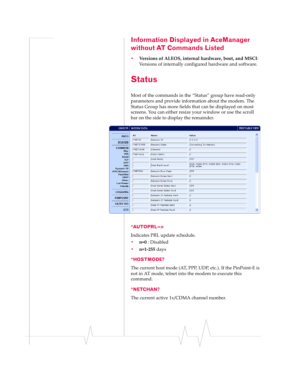 Status, Autoprl=n *hostmode? *netchan | Sierra Wireless EV-DO User Manual | Page 119 / 182