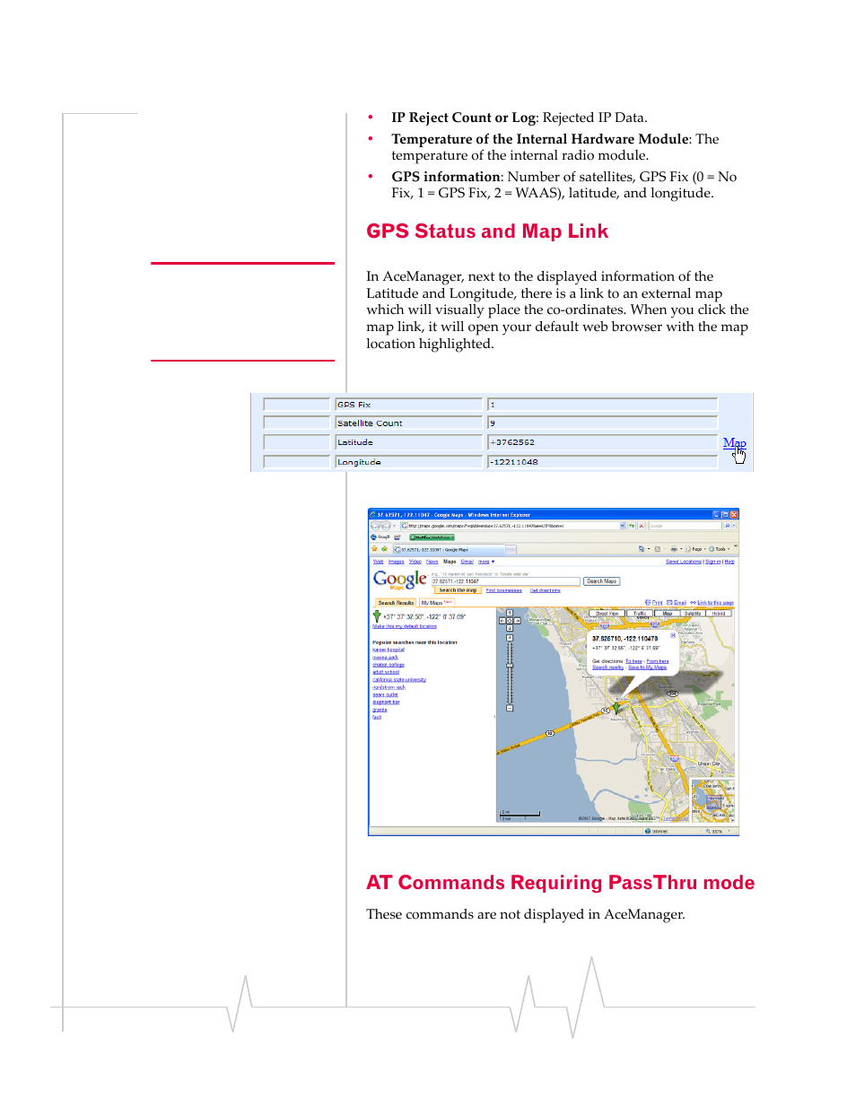 Gps status and map link, At commands requiring passthru mode | Sierra Wireless EV-DO User Manual | Page 122 / 182