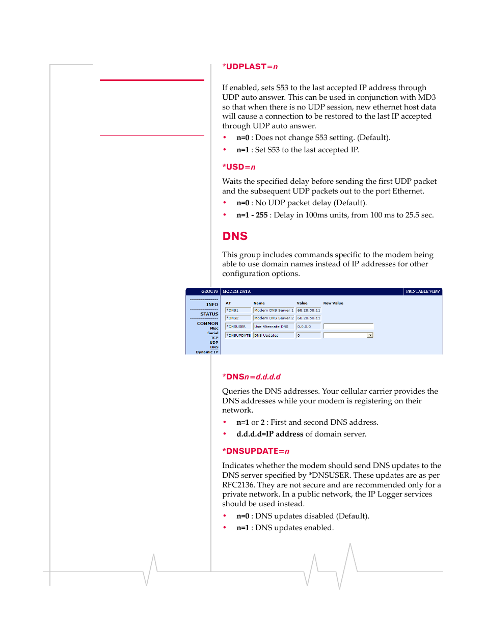 Udplast=n *usd=n, Dnsn=d.d.d.d *dnsupdate=n | Sierra Wireless EV-DO User Manual | Page 137 / 182