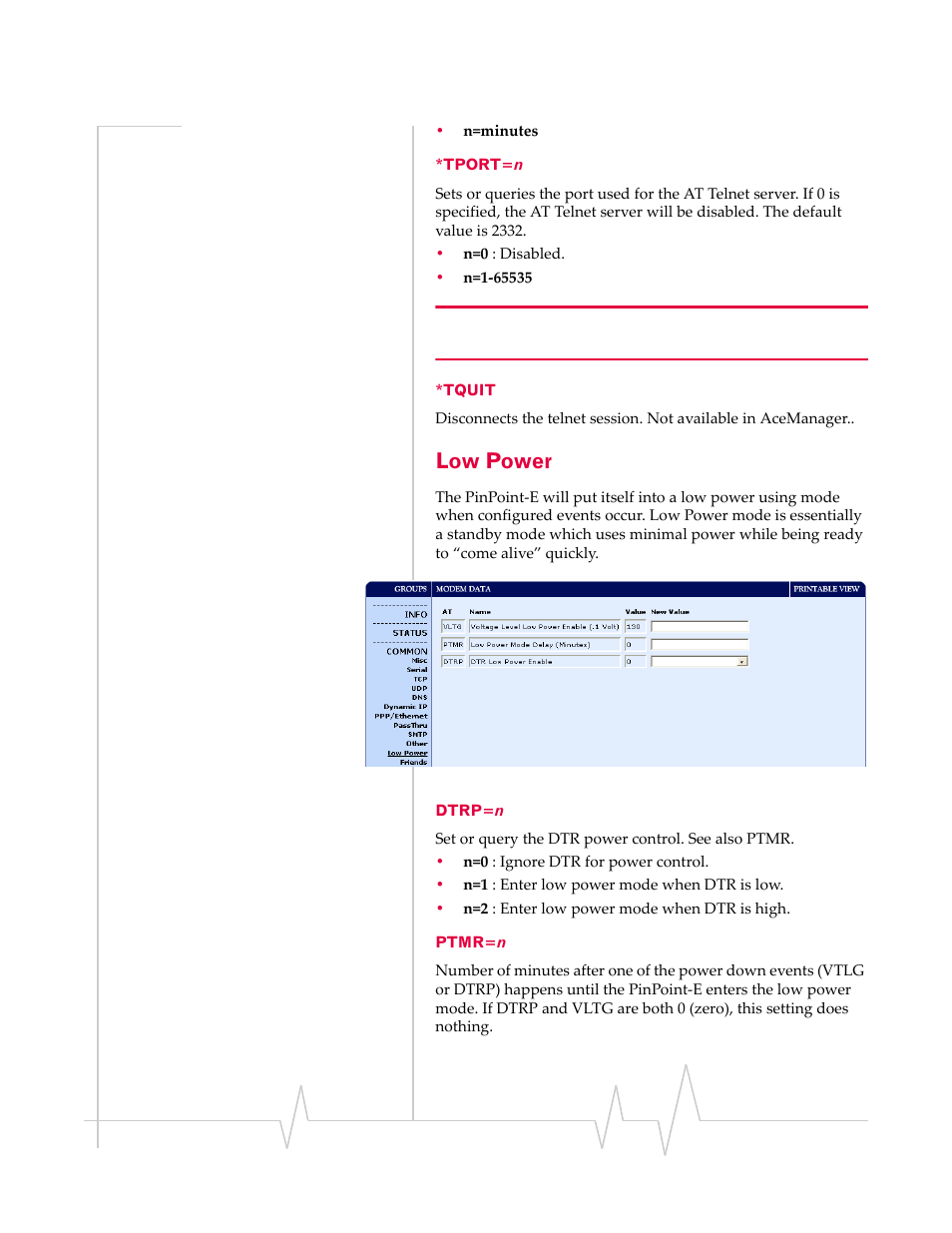 Low power, Tport=n *tquit, Dtrp=n ptmr=n | Sierra Wireless EV-DO User Manual | Page 149 / 182