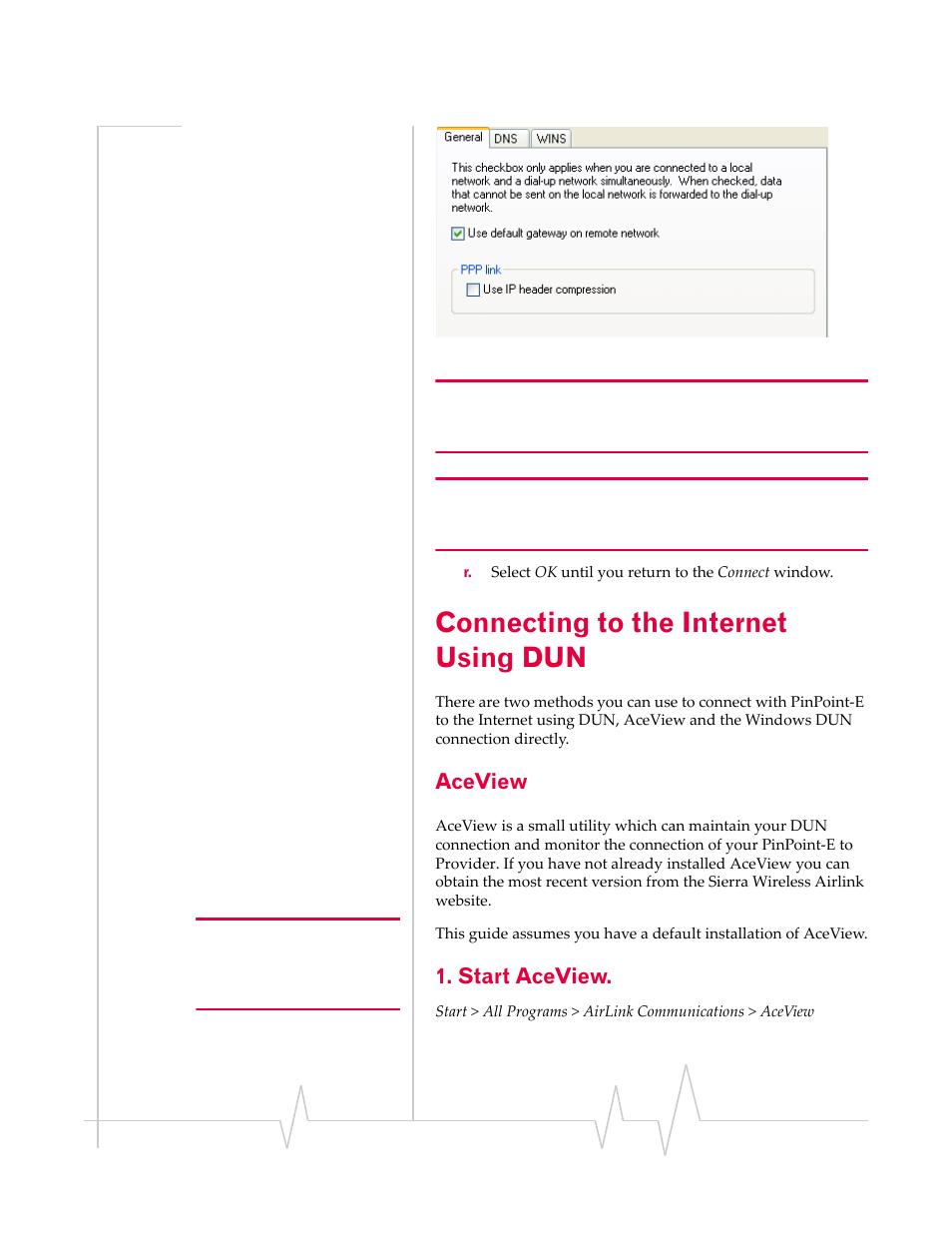 Connecting to the internet using dun, Aceview, Connecting to the | Internet using dun, Start aceview | Sierra Wireless EV-DO User Manual | Page 178 / 182