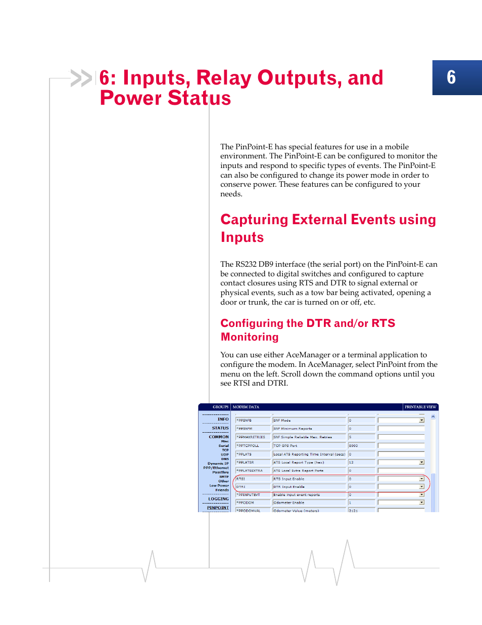 Inputs, relay outputs, and power status, Capturing external events using inputs, Configuring the dtr and/or rts monitoring | Sierra Wireless EV-DO User Manual | Page 57 / 182