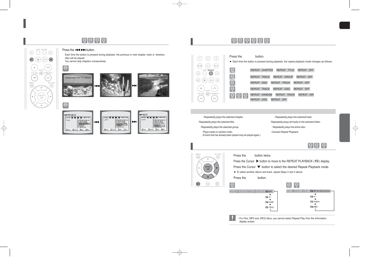 Using the playback function, Con’t), Skipping scenes/songs | Repeat playback | Sierra Wireless HT-TXQ120 User Manual | Page 18 / 36