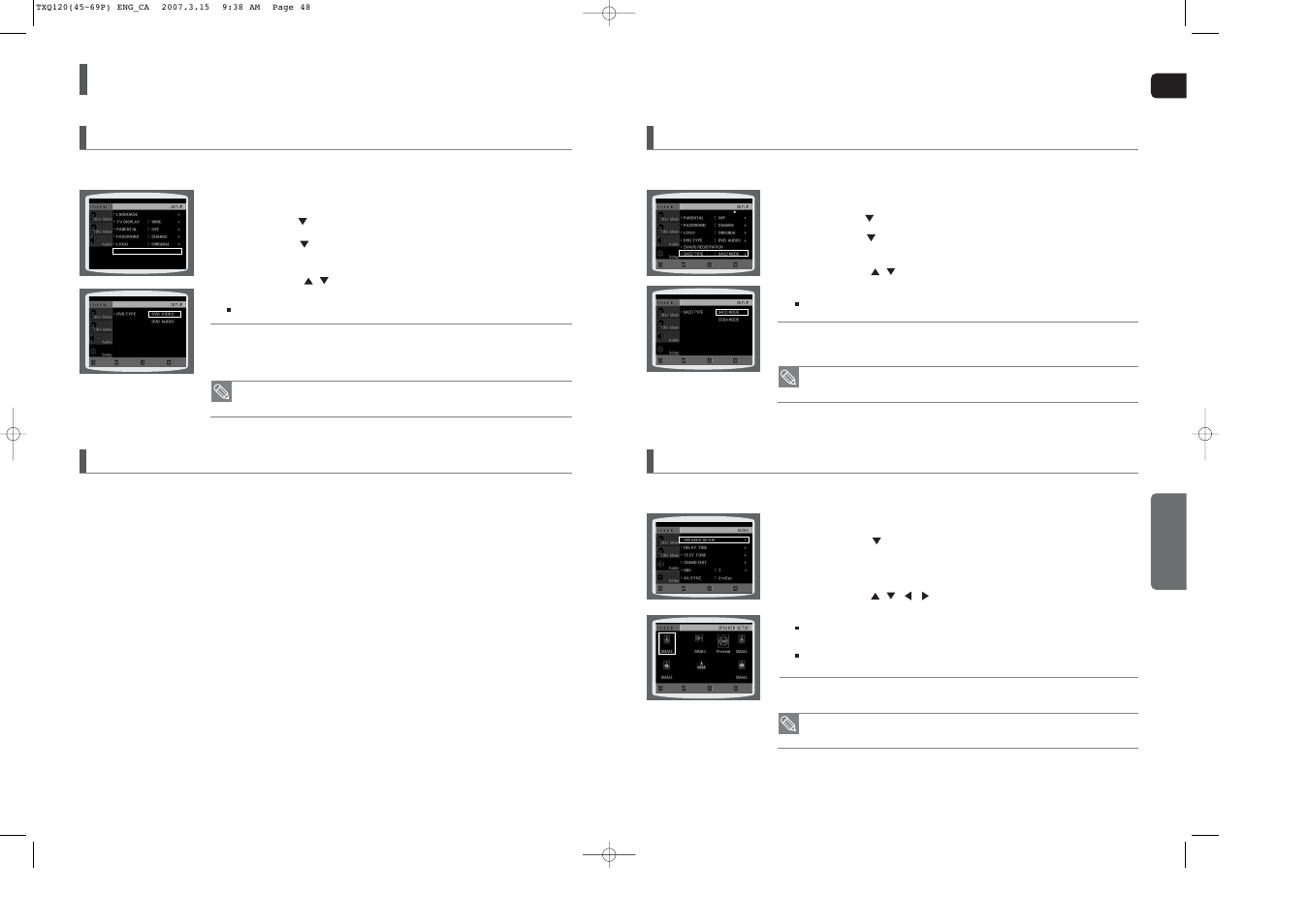 Settings, Con’t), Setting the speaker mode | Dvd playback mode, Divx (r) registration, Sacd playback mode | Sierra Wireless HT-TXQ120 User Manual | Page 25 / 36