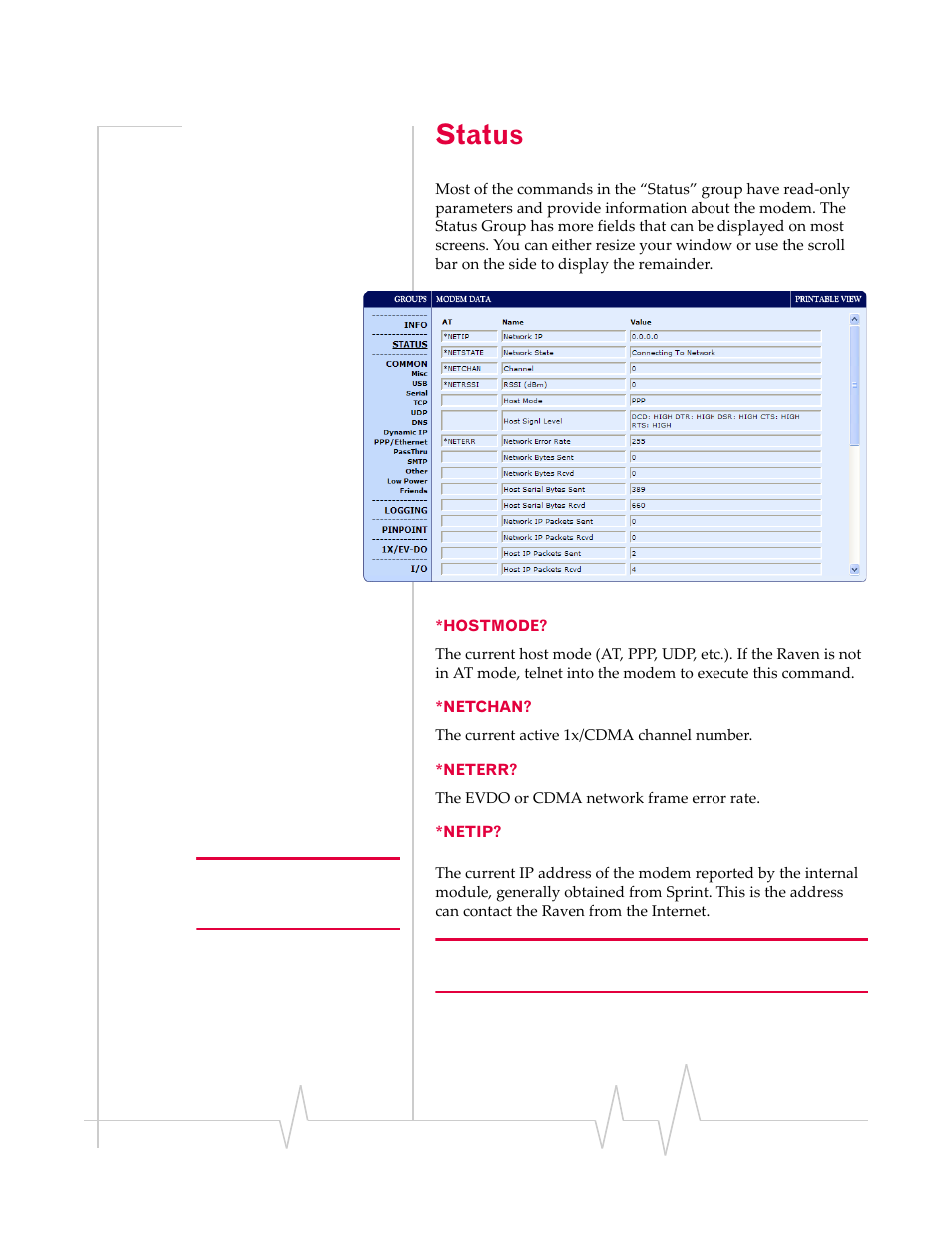 Status, Hostmode? *netchan? *neterr? *netip | Sierra Wireless RAVEN 1X 20070914 User Manual | Page 103 / 176