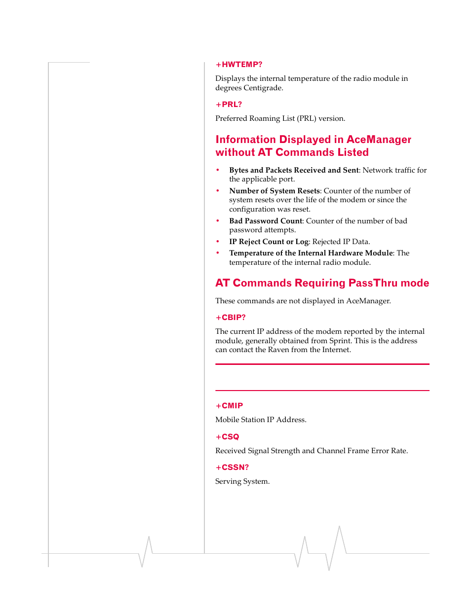 At commands requiring passthru mode, Hwtemp? +prl, Cbip? +cmip +csq +cssn | Sierra Wireless RAVEN 1X 20070914 User Manual | Page 105 / 176