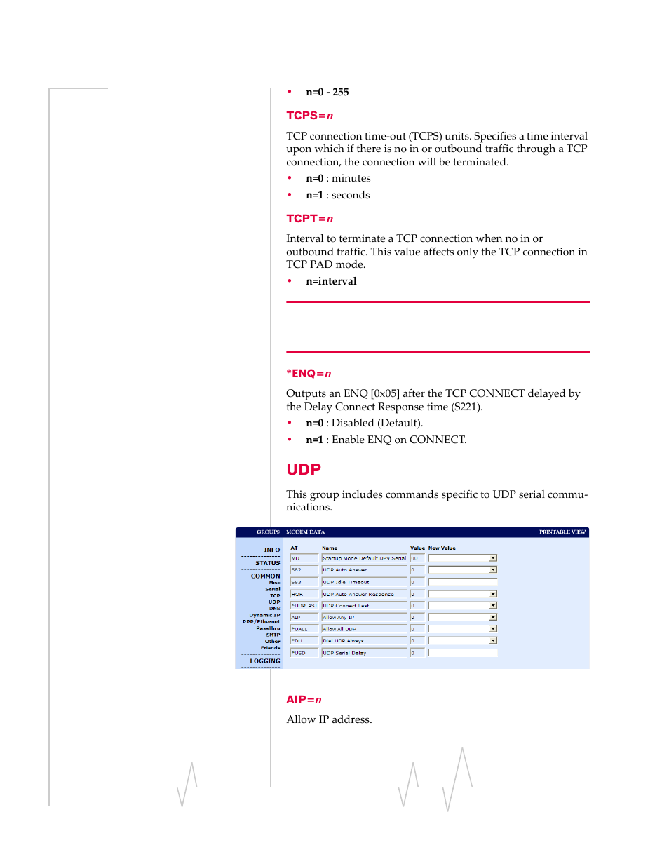 Tcps=n tcpt=n *enq=n, Aip=n | Sierra Wireless RAVEN 1X 20070914 User Manual | Page 118 / 176