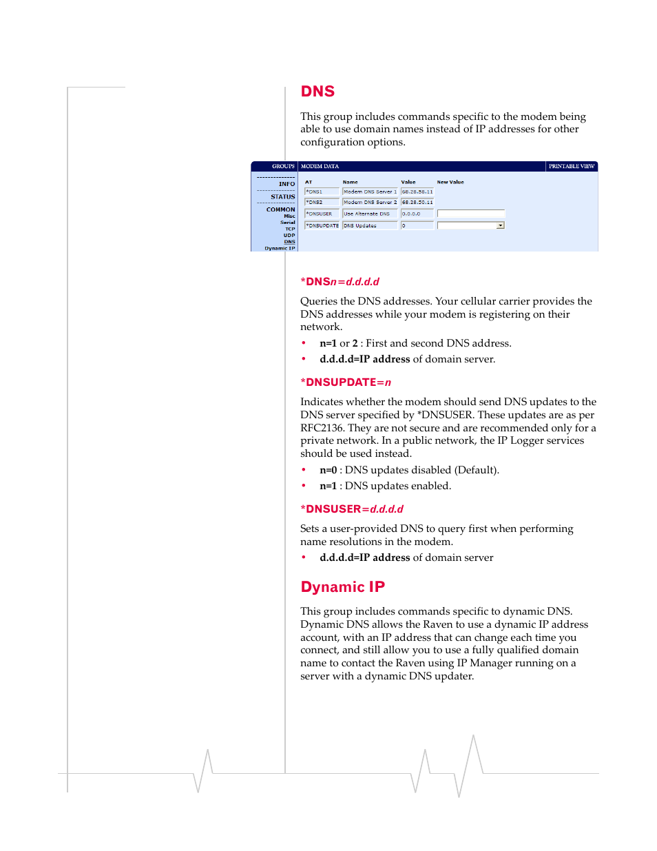 Dynamic ip, Dnsn=d.d.d.d *dnsupdate=n *dnsuser=d.d.d.d | Sierra Wireless RAVEN 1X 20070914 User Manual | Page 121 / 176