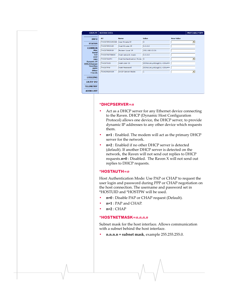 Dhcpserver=n *hostauth=n *hostnetmask=n.n.n.n | Sierra Wireless RAVEN 1X 20070914 User Manual | Page 124 / 176