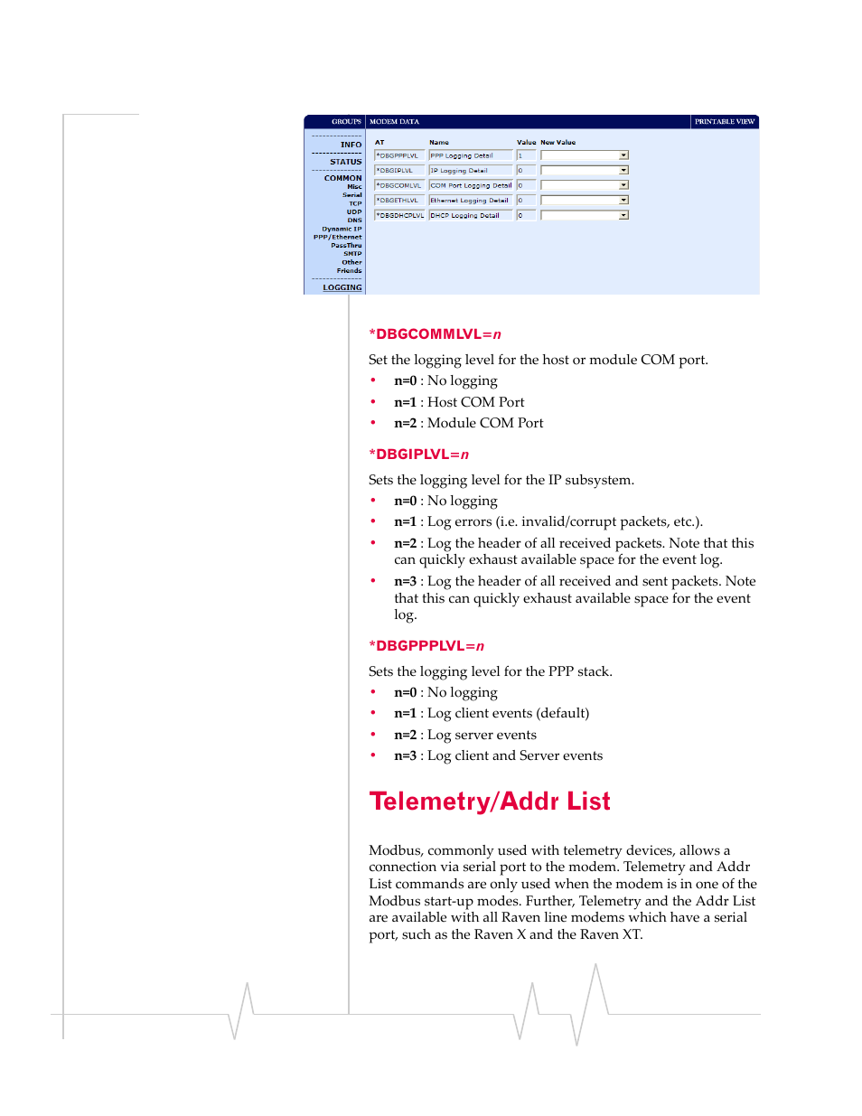 Telemetry/addr list, Dbgcommlvl=n *dbgiplvl=n *dbgppplvl=n | Sierra Wireless RAVEN 1X 20070914 User Manual | Page 136 / 176