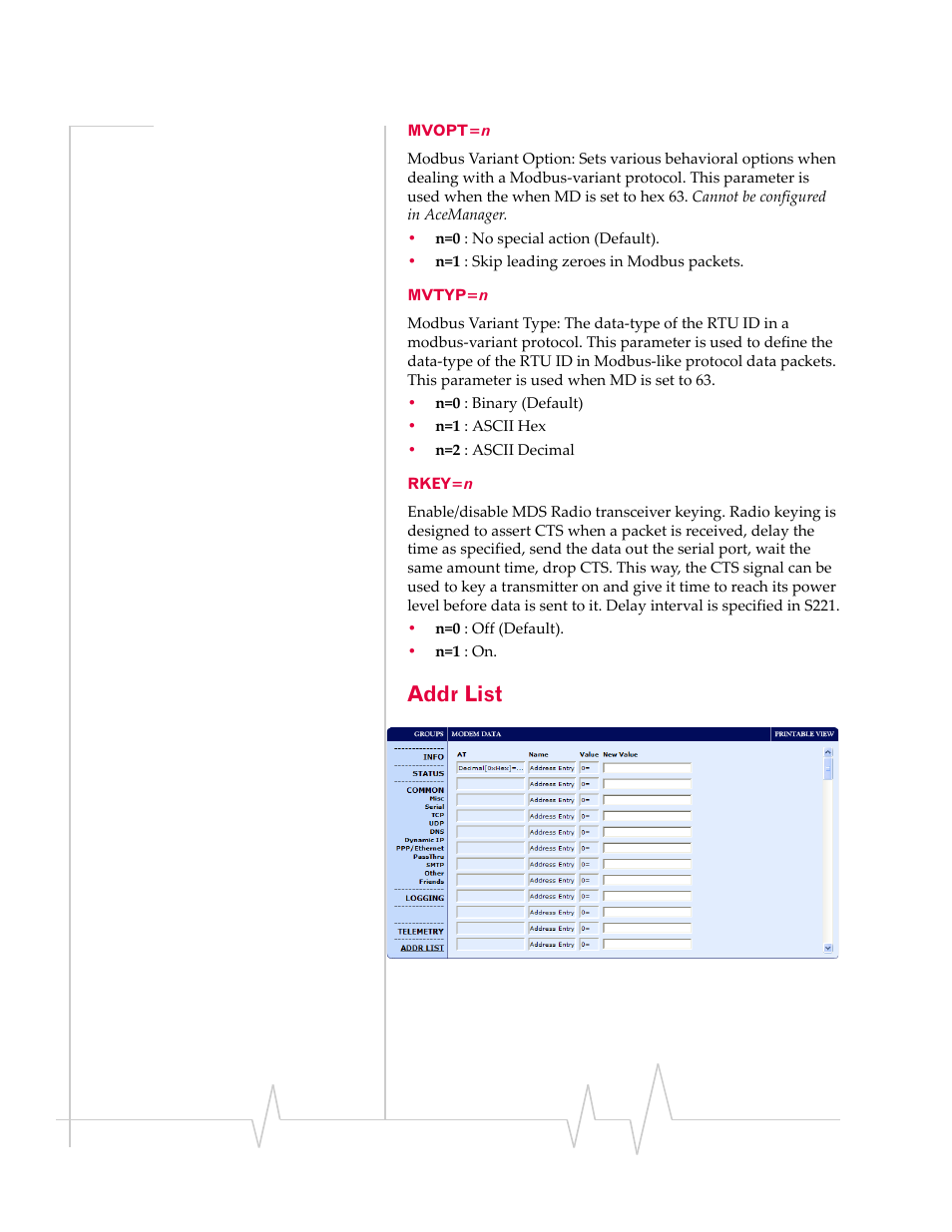 Addr list, Mvopt=n mvtyp=n rkey=n | Sierra Wireless RAVEN 1X 20070914 User Manual | Page 138 / 176