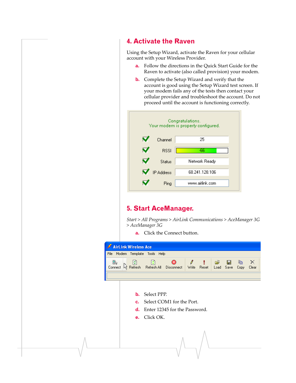 Activate the raven, Start acemanager | Sierra Wireless RAVEN 1X 20070914 User Manual | Page 150 / 176