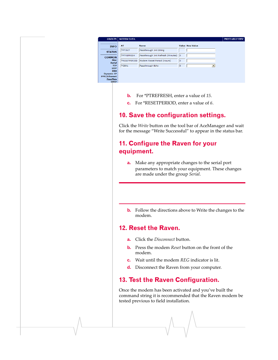 Save the configuration settings, Configure the raven for your equipment, Reset the raven | Test the raven configuration | Sierra Wireless RAVEN 1X 20070914 User Manual | Page 154 / 176