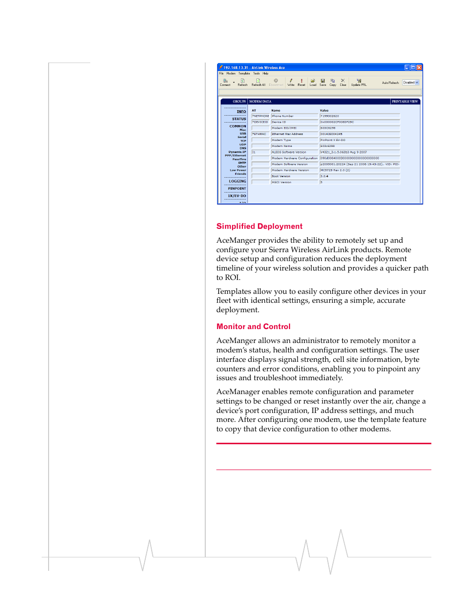 Simplified deployment monitor and control | Sierra Wireless RAVEN 1X 20070914 User Manual | Page 16 / 176