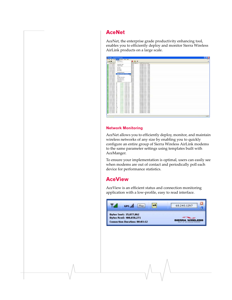 Acenet, Aceview, Network monitoring | Sierra Wireless RAVEN 1X 20070914 User Manual | Page 17 / 176