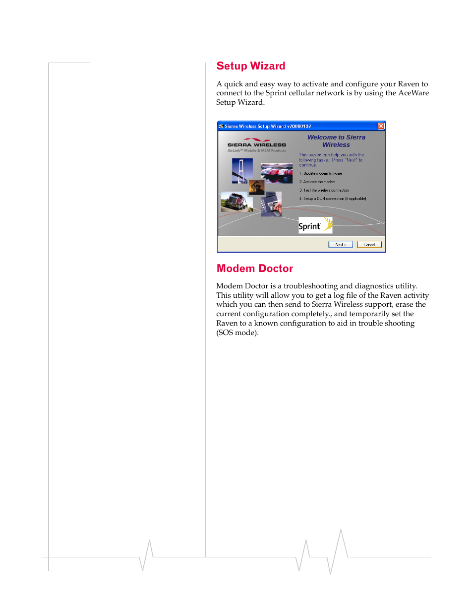 Setup wizard, Modem doctor | Sierra Wireless RAVEN 1X 20070914 User Manual | Page 18 / 176