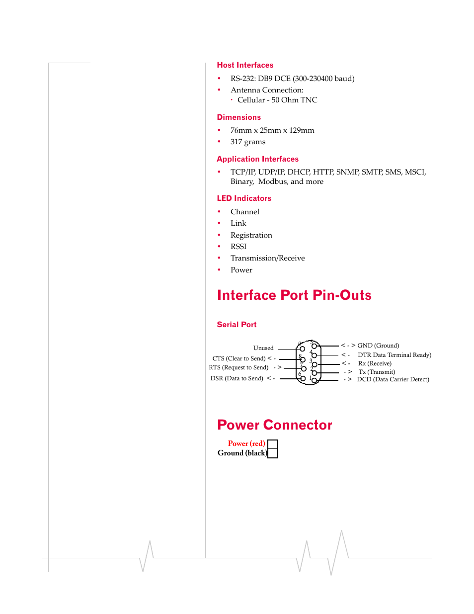 Interface port pin-outs, Serial port, Power connector | Sierra Wireless RAVEN 1X 20070914 User Manual | Page 24 / 176