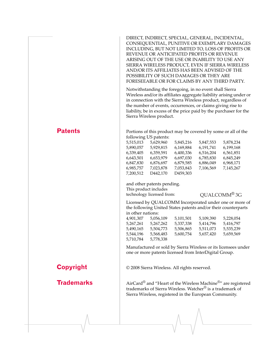 Patents, Copyright, Trademarks | Sierra Wireless RAVEN 1X 20070914 User Manual | Page 3 / 176