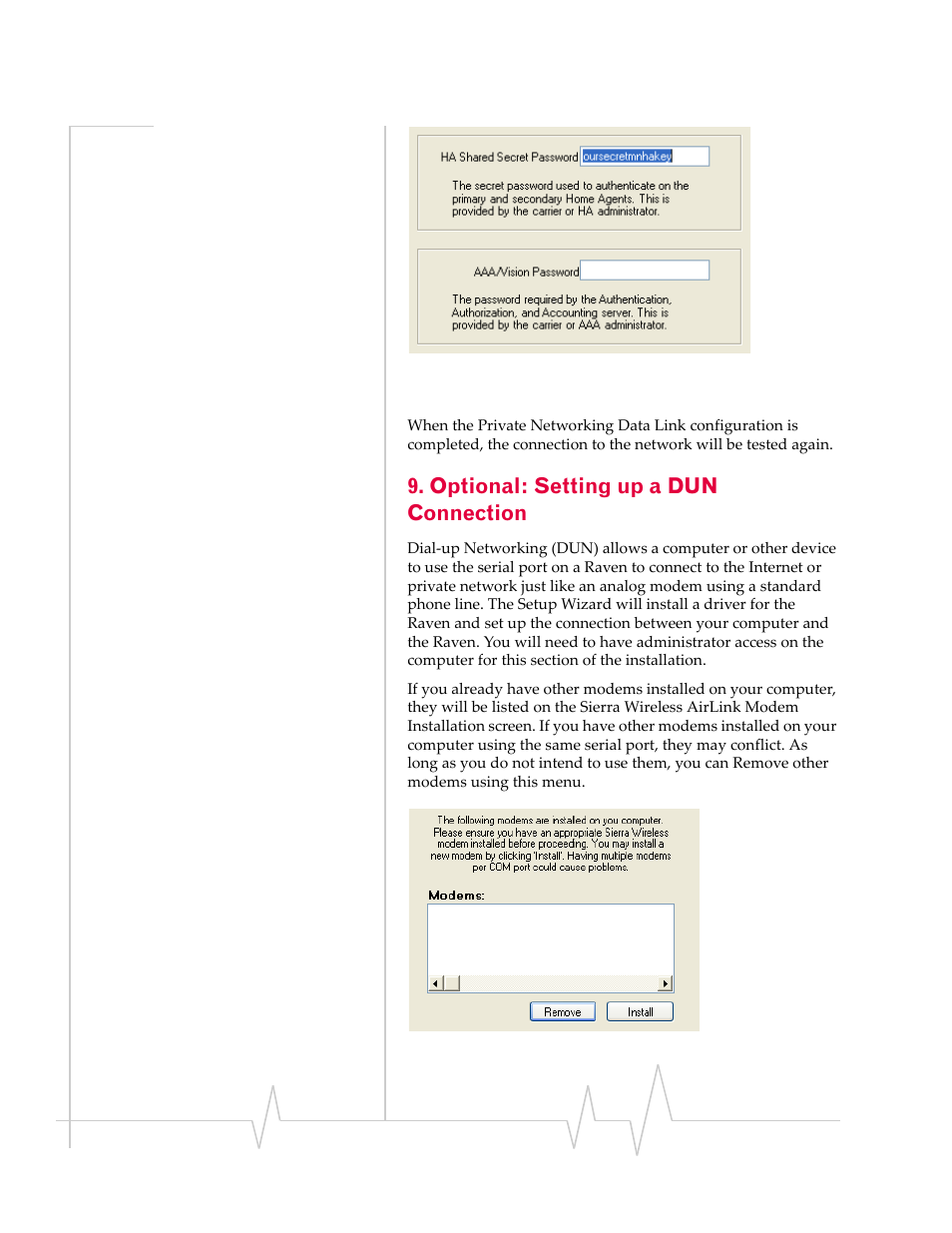 Optional: setting up a dun connection | Sierra Wireless RAVEN 1X 20070914 User Manual | Page 36 / 176