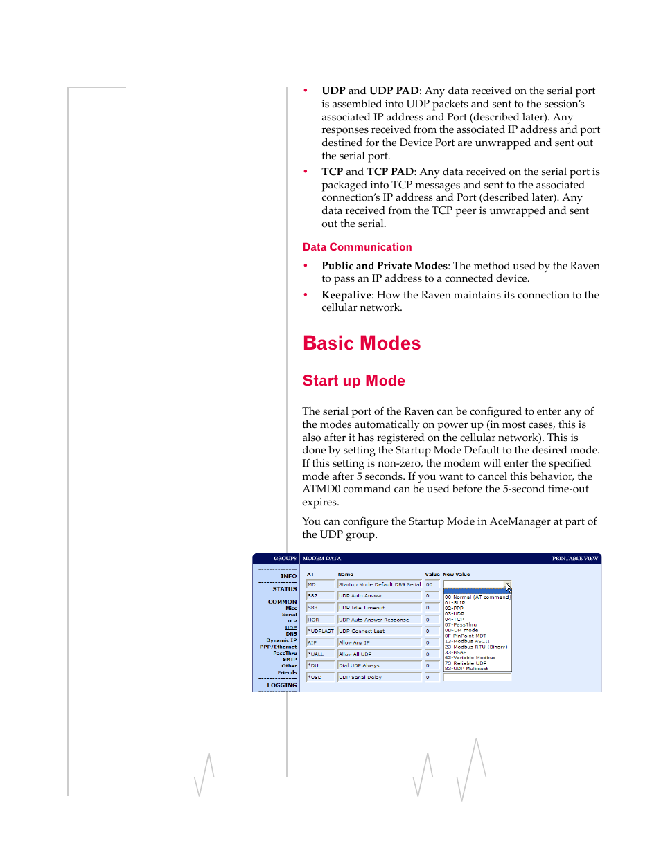 Basic modes, Start up mode, Data communication | Sierra Wireless RAVEN 1X 20070914 User Manual | Page 61 / 176