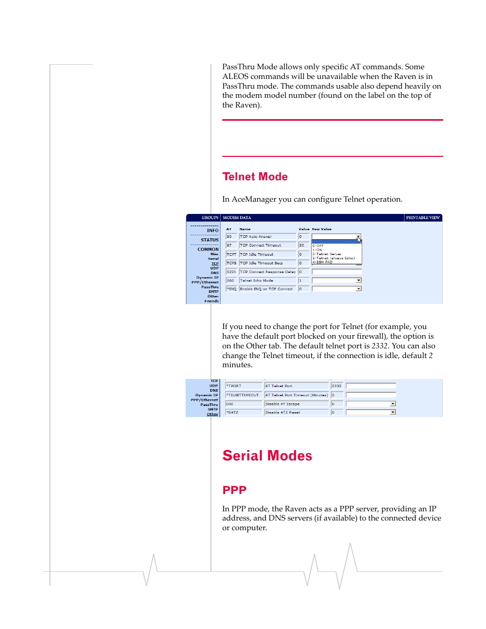 Telnet mode, Serial modes | Sierra Wireless RAVEN 1X 20070914 User Manual | Page 64 / 176